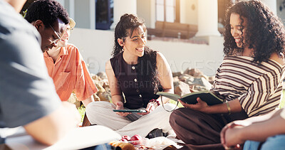 Buy stock photo Woman, tablet and study group in college with smile, education support and exam preparation together. Happy, people and students outdoor on campus with tech, books or learn for university assignment.