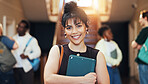 Tablet, woman and portrait at university, learning and happy student with academic aspiration. Smile, college and person with tech for scholarship, knowledge and positive attitude for education