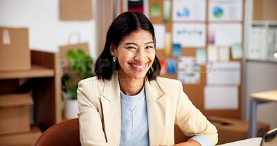 Buy stock photo Portrait, logistics and happy woman in small business for shipping, distribution or online startup. Female person, entrepreneur or smile with boxes for supply chain, ecommerce or freight store