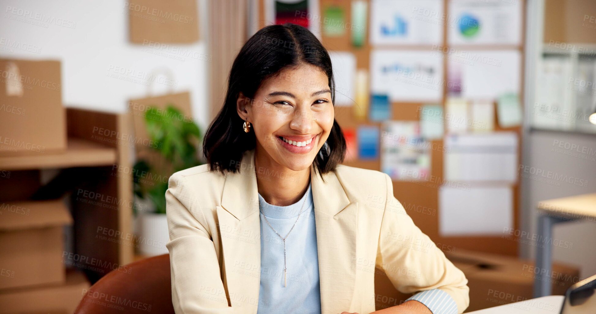 Buy stock photo Portrait, logistics and happy woman in small business for shipping, distribution or online startup. Female person, entrepreneur or smile with boxes for supply chain, ecommerce or freight store