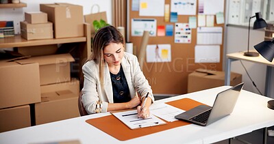 Buy stock photo Woman, writing and logistics with documents for inventory checklist, schedule delivery or stock. Female person, entrepreneur and order list with paperwork for courier distribution or finance in store