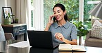 Laptop, finance and happy woman with phone call in home for budget advice, remote work or help. Female person, freelance accountant or financial advisor on computer for asset management or chat