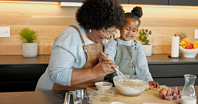 Buy stock photo Grandmother, child and baking with whisk, learning and laughing with black family in kitchen. Girl, grandma and mix ingredients in bowl for help with guidance, smile or teaching cooking at house