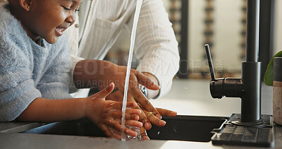 Buy stock photo Parent, child or washing hands with water in home for personal hygiene, disinfectant or cleanliness. People, teaching or cleaning bacteria with tap in sink for safety, dirt or germ removal in house