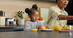 Fruit, kitchen and mom with child for breakfast, healthy eating and meal together in morning. Family, food and African girl with mother, juice and snack for vitamins, nutrition and wellness in home