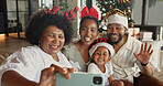 Christmas, selfie and happy family with child in home, connection and profile picture with grandma. Black people, generations and photography with grandparent, festive season and xmas memory in house