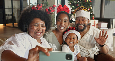 Buy stock photo Christmas, selfie and happy family with child in home, connection and profile picture with grandma. Black people, generations and photography with grandparent, festive season and xmas memory in house