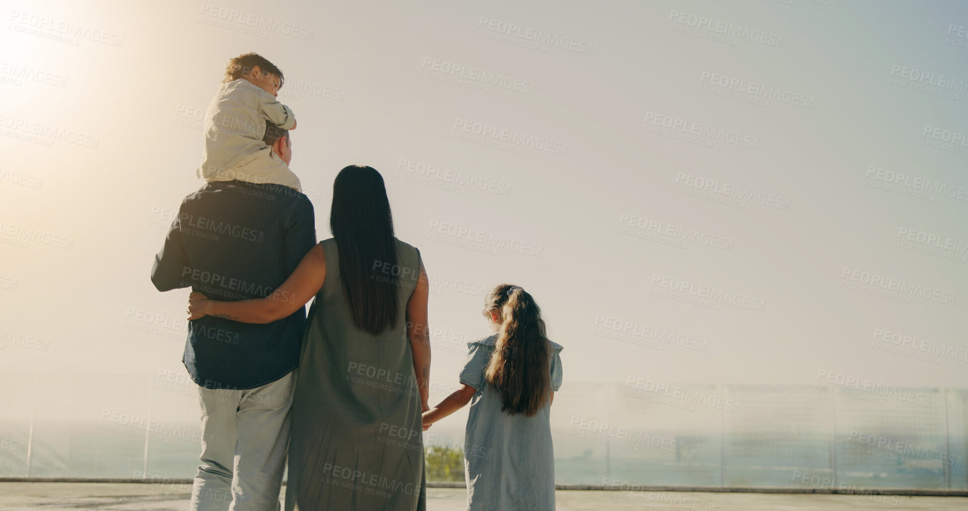 Buy stock photo Outdoor, back or parents with children for piggyback, bonding or support on summer vacation. Married couple, kids or holding hands at hotel for healthy family dynamic, travel holiday or balcony space