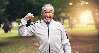 Buy stock photo Fitness, flex and senior man in park with confidence for health, wellness and fresh air in morning. Retirement, portrait and mature person with muscle for exercise, strong body and strength outdoor
