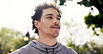 Fitness, thinking and man in park for rest after exercise, workout and active for running. Outdoor, morning and person with reflection, break and calm for training, wellness and health with fresh air
