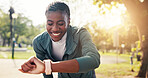 Fitness, park and woman with smart watch on break, check calories or monitor pace with smile. Rest, happy black person and wristwatch outdoor for wellness, training metrics or blood oxygen levels