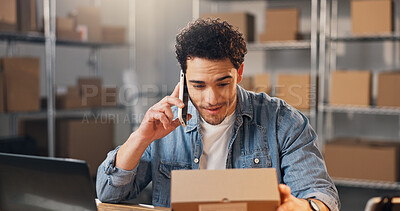 Buy stock photo Man, box and logistics with phone call for delivery, online order or shipping schedule in storage. Male person, distributor or supplier talking with parcel or package for courier service or stock