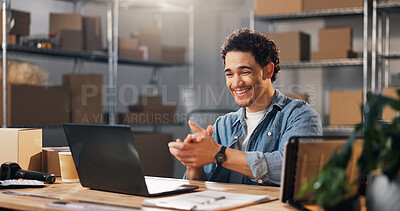 Buy stock photo Excited, applause and man with laptop, logistics and laughing with achievement and ecommerce sales. Online shop, entrepreneur and happy person with tech, celebration and success in small business
