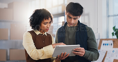 Buy stock photo Team, shipping and tablet with people in warehouse for tracking review, logistics and sku information. Collaboration, ecommerce cargo and inventory report with employees for order verification