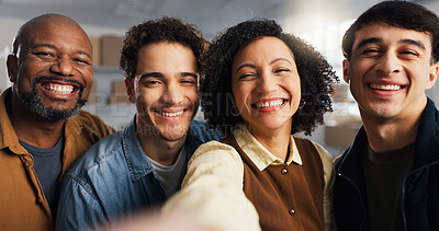 Buy stock photo Selfie, logistics and portrait with people in warehouse for about us, shipping team and smile. Profile picture pov, supply chain support and happy with employees in factory for small business