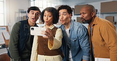 Buy stock photo Selfie, logistics and funny face with people in warehouse for about us, shipping group and team. Profile picture, supply chain support and comedy with employees in factory for small business