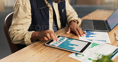 Buy stock photo Tablet screen, logistics and hands of person in warehouse for supply chain, delivery rate and graph. Shipping volume, tracking data and inventory level with employee and tech in factory for research