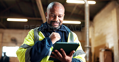Buy stock photo Tablet, happy and black man in warehouse for carpentry, planning and order for timber production. Manufacturing, supervisor and person on tech for woodworking, lumber report and renovation material