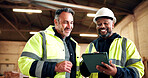 Tablet, meeting and people in warehouse for construction, planning and discussion for woodworking. Team, carpentry and men on tech for production report, inventory or stock update for timber business