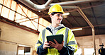 Tablet, construction and man in warehouse for inventory, supplier update and report for woodworking. Manufacturing, thinking and person on tech for production review, carpentry and material order