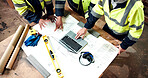 Hands, people and laptop with blueprint for construction, project progress or point to design change. Architect, team and floor plan with tech for building layout, drawing update or revision on above