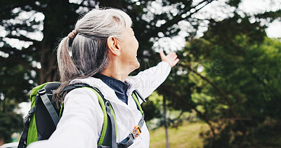 Buy stock photo Smile, old woman and hiking in forest with selfie, photography and social media for holiday post. Pov, senior person and sightseeing in nature for backpacking, profile photo update and capture memory