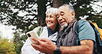 Happy, senior and couple with phone for hiking trail information, online map and bonding trip. Trekking, exploring and old people with navigation app and together for active lifestyle for wellness