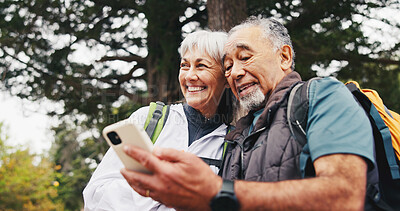 Buy stock photo Happy, senior and couple with phone for hiking trail information, online map and bonding trip. Trekking, exploring and old people with navigation app and together for active lifestyle for wellness