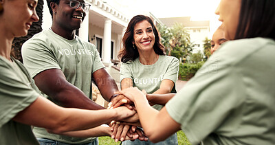 Buy stock photo Volunteer, team and laughing with hand stack, outdoor and unity for fundraising goals and charity. Happy people, together and motivation for community service, collaboration and social responsibility
