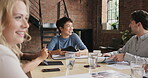 a group of businesspeople having a meeting in a modern office. diverse group of young businesspeople in a meeting, collaborate and brainstorm together. Asian businesswoman high fives a colleague