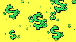 Animated green dollar signs against a yellow background filling the screen. Your financial investments can be secured with a few dollars.