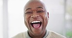 Portrait of one mature African American man with a bright smile and deep dimples looking content and attentive against bright copyspace background. Happy black man with natural white laughing 