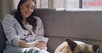 Young happy mixed race woman using a phone and bonding with cute brown dog on a sofa at home. Carefree woman relaxing with her pet while texting and browsing social media