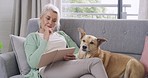 Senior woman writing notes in notebook and sitting on sofa with domestic dog. Elderly caucasian woman relaxing at home on weekend and bonding with mix breed canine in living room. Man's best friend