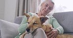 Happy senior woman sitting on sofa at home and petting her mix breed dog. Happy content retired elderly woman bonding and touching her domestic animal in her living room at home. Man's best friend