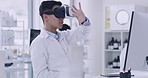 Scientist using virtual reality goggles to examine diagnosis experiment in 3D while working in laboratory. Pathologist and biochemical engineer using vr metaverse technology to explore DNA genetics