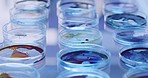 Closeup of a syringe and glass plate or petri dishes with colorful samples on a table in a research lab. Medical biologist using glassware for virus testing and growing bacteria in a laboratory