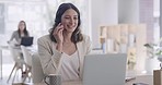 Portrait of businesswoman using laptop for conference call in modern office. Young customer service agent talking to clients on a call with a headset. Sales rep or receptionist at work with copyspace