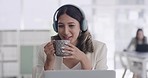 Young female call center agent talking to a client on wireless headphones online. Happy advisor consulting and talking on a call electronically. Advising and helping people on the customer care line
