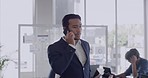 Frustrated and stressed business man arguing on the phone while leaving the boardroom during a company meeting. Disgruntled employee making a call and having a disagreement with a customer or client