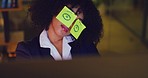 Tired and exhausted businesswoman with stickers covering her eyes. Funny female entrepreneur falling asleep at office desk while working late at night. Unproductive and lazy female dozing off at work