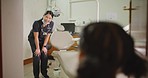 Dentist calling little girl to examine her teeth during fun dental appointment. Cheerful kid giving high five and ready for her routine checkup. Child learning about oral and dental hygiene
