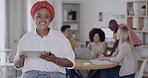 Business woman searching on a tablet before leading a meeting with a diverse team or group of office colleagues. Portrait of a manager monitoring company progress or employee schedule with technology