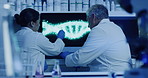 Team of laboratory scientists discussing DNA structure on computer screen and searching for genetic breakthrough cure or mutation. Biochemical engineers talking in medical research on monkeypox virus