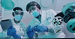 Protected life science researchers experimenting with a covid cure or bacteria and infectious cells. Scientists or doctors working in a lab analyzing medical exam results for a clinical trial.
