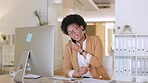 Black secretary talking on a phone in a modern office, booking appointment, checking stock and ordering supplies. African American female doing inventory and responding to emails on a desktop 