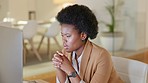 Frustrated and confused business woman reading a negative email in a modern office. Annoyed manager checking her teams work, upset about mistakes at work. Professional lady angry about slow internet