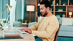 Male web designer developing and writing code for an internet website while working remotely from home. Young software engineer modifying an app to fix a bug and manage cyber security for a company