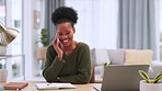 Female entrepreneur talking on the phone while working at her home office desk. One young businesswoman chatting to bank, setting a schedule appointment to discuss new ideas and business strategy