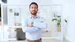 Portrait of confident business man standing with his arms crossed in a power stance, ready to challenge the global market. Smiling marketing manager, ceo and boss feeling happy and successful